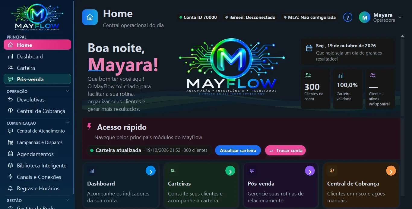 Tela inicial real do MayFlow no tema escuro (conta de demonstração)